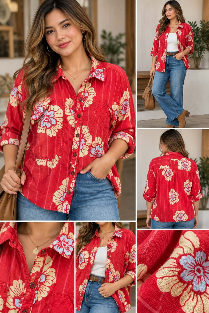 We The Free Hidden Flower Camo Shirt Size M Cherry Combo